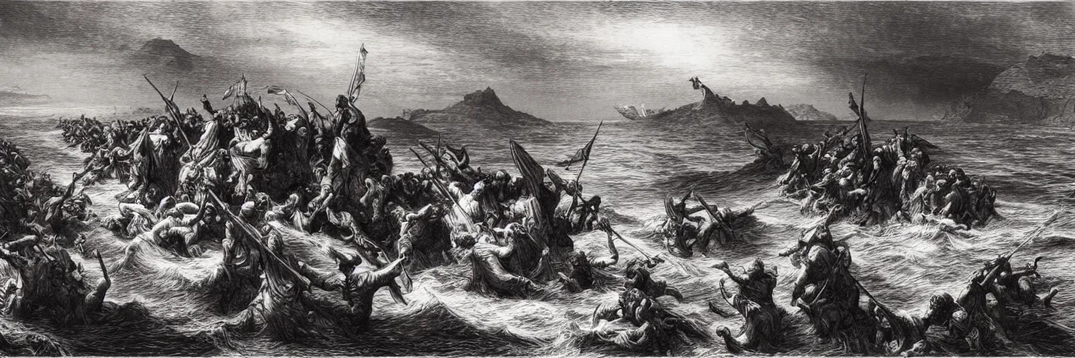 Prompt: the biblical crossing of the red sea, Gustave Dore lithography