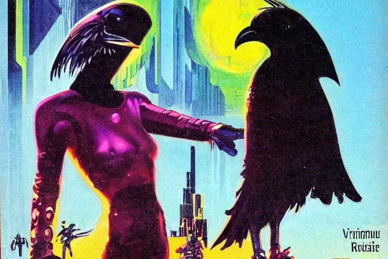 Image similar to 1979 OMNI Magazine Cover of a humanoid raven rogue. in cyberpunk style by Vincent Di Fate