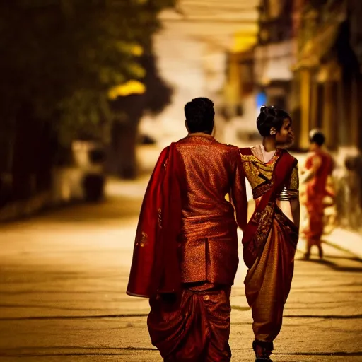 Prompt: a dramatic photograph of a person wearing traditional indian clothes, person wearing indian traditional clothes walking in a modern city, cinematic lighting