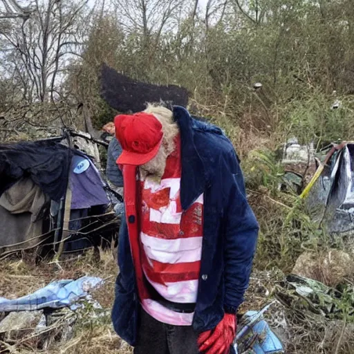 Image similar to homeless trump in a homeless camp, wearing cheap dirty clothes and maga hat, dirty