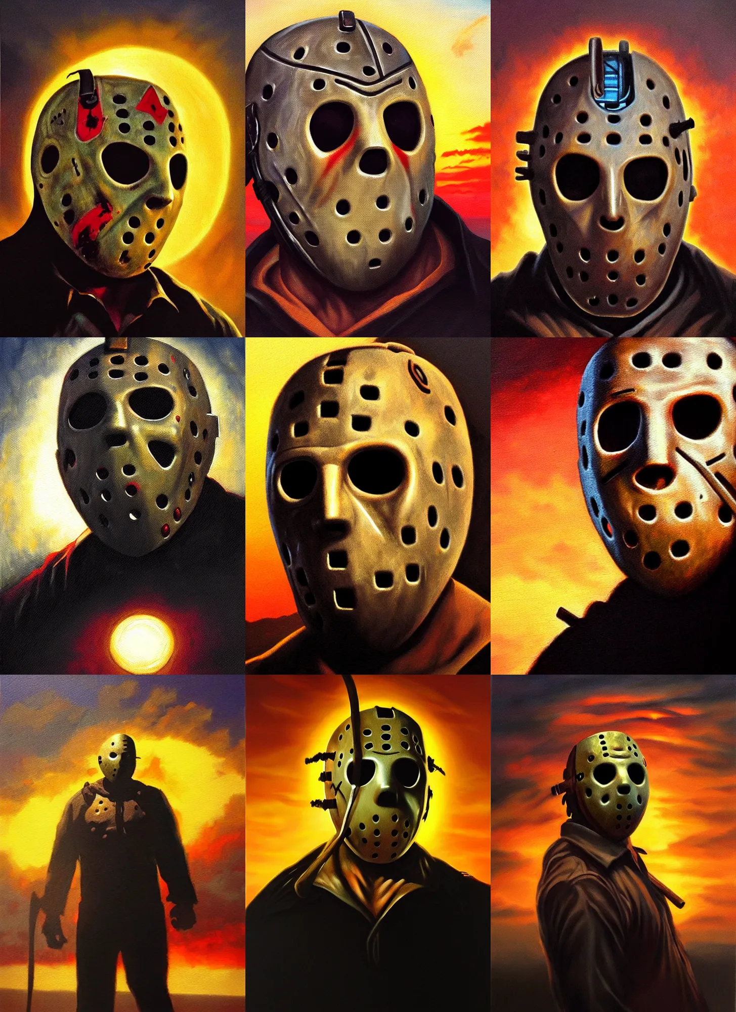 Prompt: macro head shot, jason voorhees, dramatic sunset, scary, shadows, top light, backlighting, oil painting by frazetta