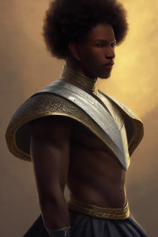 Prompt: a portrait of a black male prince, side profile, white cape, illustration, soft lighting, soft details, dark mood, painting oil on canvas by Edmund Blair Leighton and Charlie Bowater octane render trending on artstation d&d characters, 4k, 8k, HD