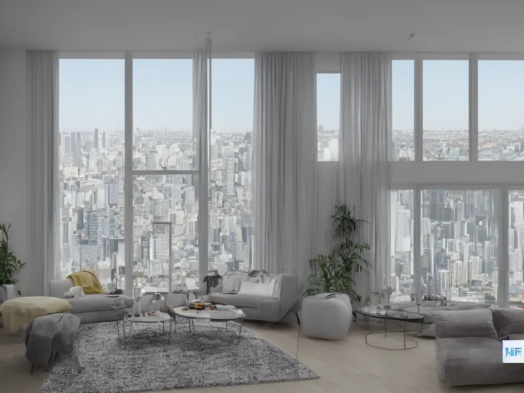 Image similar to a Photorealistic hyperrealistic interior render of a bright beautifully decorated modern apartment overlooking a megapolis,Nikon Z7, ISO 64,Nikkor 20mm f1.8 lens,aperture f/9,exposure 1/40secs