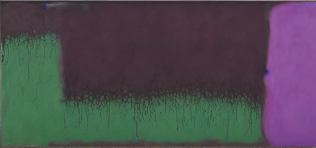 Image similar to abstract painting in black, dark green, purple, painted by Pat Steir, Julian Schnabel, Helen Frankenthaler, Pat Steir and Hilma af Klint, abstract painting. Brush marks 8k, pastose, dripping paint, extreme detail, intricate detail, masterpiece
