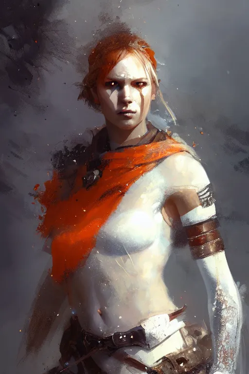 Prompt: full - body portrait of a ranger, female, white and orange breastplate, magical, high fantasy, d & d, by jeremy mann, face details, extremely detailed, digital illustration