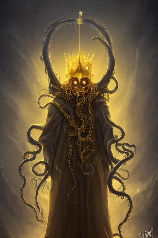 Prompt: A full body portrait of a mysterious character with no face with a very long hooded yellow cloak, a golden crown floating above his head tentacles coming out the ground art by Shaddy Safadi and Jason Chan, ominous, cosmic horror, trending on artstation, Ultra detailed, hyper realistic 4k