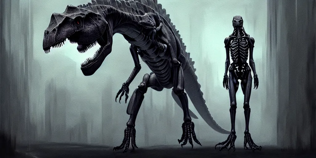 Prompt: ( ( ( ( dinosaur after 1 0 0 0 0 0 0 years of evolution ) ) ) ) in exoskeleton, upper body, highly detailed, digital painting, dark atmosphere, lynchian atmosphere, film noir style, artstation, concept art, matte, sharp focus, illustration, art by artgerm and greg rutkowski and giger