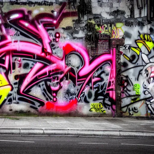 Prompt: high definition photograph shot with canon ef - s 5 5 - 2 5 0 mm f / 4 - 5. 6, low focal point : ( subject = graffiti on a wall + subject detail = baroque cyberpunk shamaness, background color splatters, by katsuhiro otomo )