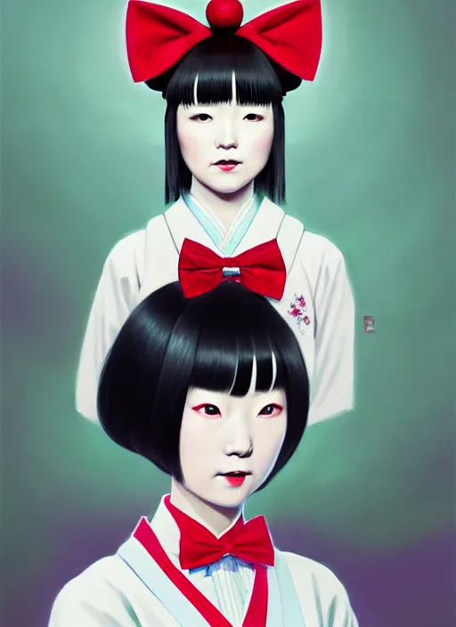 Prompt: centered painted portrait, a japanese princess young lady, with white hair and bangs with a red with a red bow tied in her hair!!!!, D&D, matte painting concept art, beautifully backlit, official fanart, colourful, by and ilya kuvshinov and Cushart Krentz and Gilleard James, 4k, HDR, Trending on artstation, Behance, award winning, WHITE HAIR!!!!!!!!