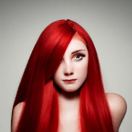 Image similar to !dream Portrait of a young, stunningly beautiful twin-tailed woman with red hair on the right half of her head and white hair on the left half, award-winning photo, 4k, 8k, studio lighting, Nikon D6