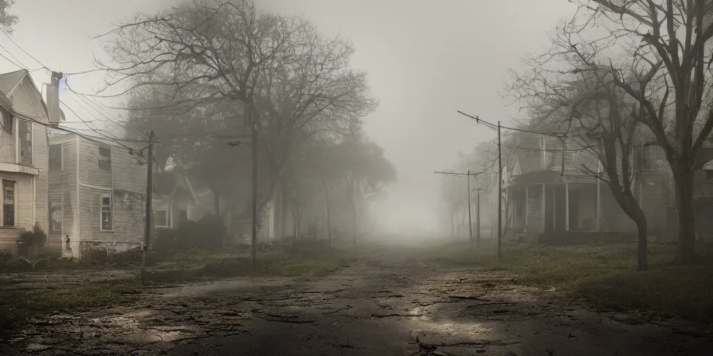 Image similar to creepy view into cul-de-sac dilapidated houses, fog, rain, volumetric lighting, beautiful, golden hour, sharp focus, highly detailed, cgsociety