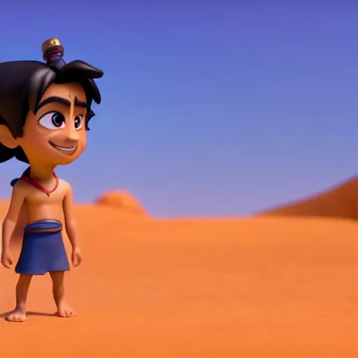 Prompt: a profile view of young aladdin as nendoroid walking in a desert in the croods movie style, 8 k, hd, dof, kodak film, volumetric lighting, subsurface scattering, photorealistic, octane render