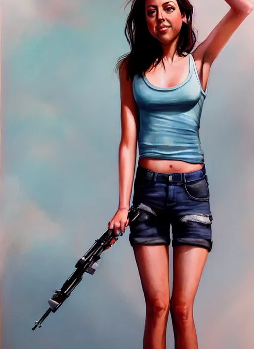 Image similar to full length photo of an similing Aubrey Plaza in a tanktop in the style of stefan kostic, not realistic, sharp focus, 8k high definition, insanely detailed, intricate, elegant, art by stanley lau and artgerm