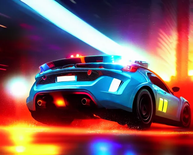 Image similar to sports car police chase, action shot, high speed, night life, neon lights, heavy rain, lens flare, deep focus, d & d, fantasy, intricate, elegant, highly detailed, digital painting, artstation, concept art, matte, sharp focus, illustration, hearthstone,