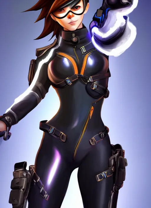 Image similar to full body digital artwork of tracer overwatch, wearing black iridescent rainbow latex, 4 k, expressive happy smug expression, makeup, in style of mark arian, wearing detailed black leather collar, wearing sleek armor, black leather harness, expressive detailed face and eyes,