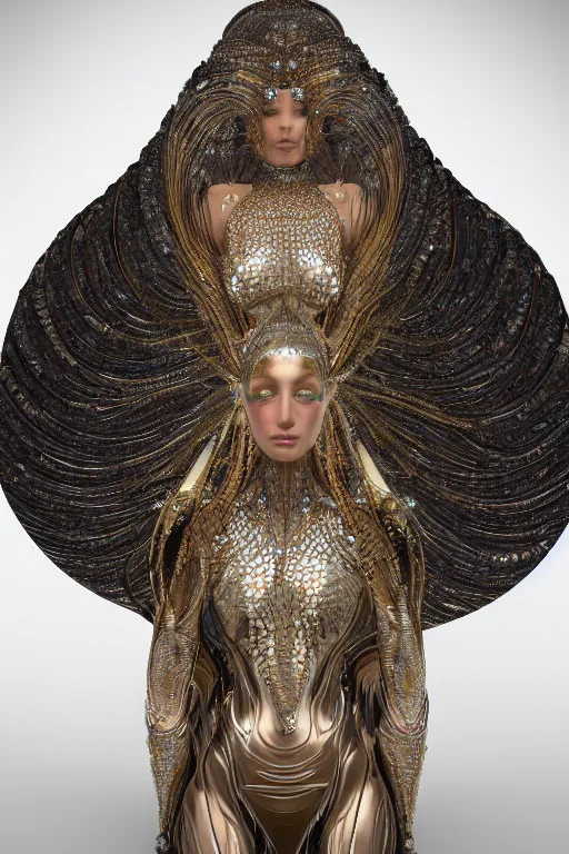 Image similar to a highly detailed metahuman 4 k close up render of an alien goddess bella hadid deity in iris van herpen dress schiaparelli in diamonds swarovski and jewelry in style of alphonse mucha gustav klimt trending on artstation made in unreal engine 4