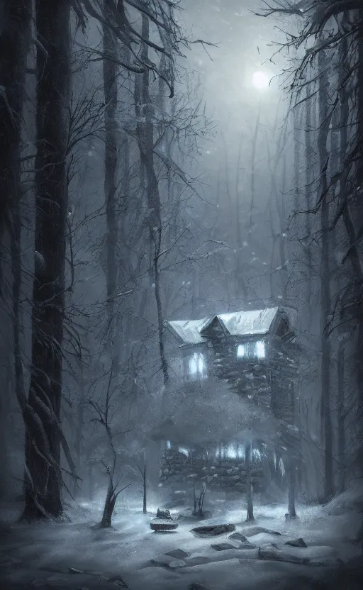 Image similar to a dark fantasy concept art of a snowy forest with a single cabin in the woods, with lights on in the cabin, dynamic lighting, cinematic, ultra detailed, trending on art station, stunning visuals, atmospherical, ambient lighting, realism, lonely vibe