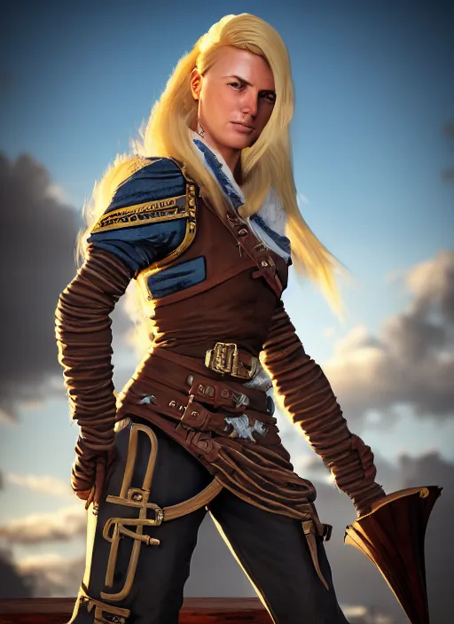 Prompt: An epic fantasy comic book style portrait painting of tall blonde haired female sky-pirate with a serious face and a pony tail in front of a metal gangplank in the style of the wheel of time, unreal 5, DAZ, hyperrealistic, octane render, cosplay, RPG portrait, dynamic lighting