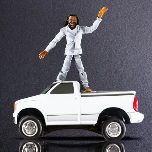 Prompt: black man action figure with dreads standing on top of a black rc pickup truck, close up photograph, white background