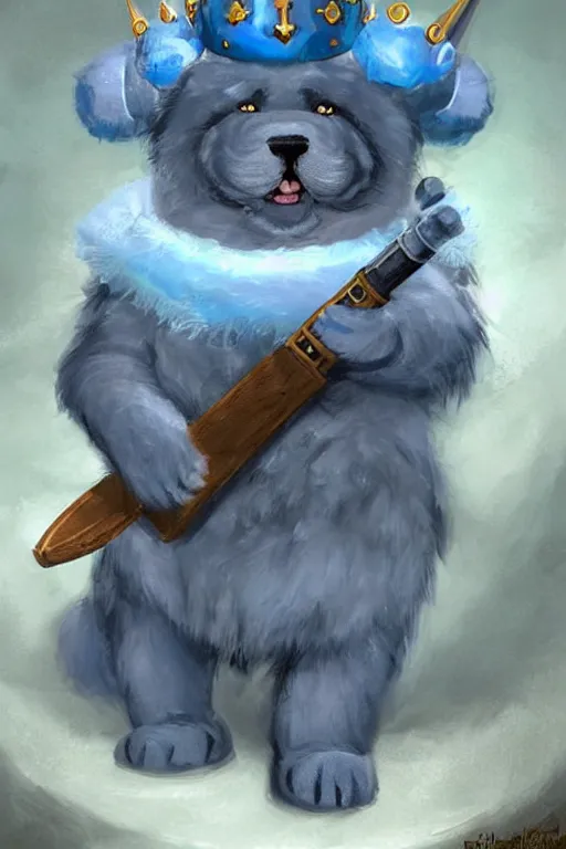 Image similar to cute anthropomorphic blue tong chow chow knight wearing a cape and a crown and holding a sniper, tiny, small, miniature chow chow, baby animal, short, pale blue armor, cute and adorable, pretty, beautiful, DnD character art portrait, matte fantasy painting, DeviantArt Artstation, by Jason Felix by Steve Argyle by Tyler Jacobson by Peter Mohrbacher, cinematic lighting