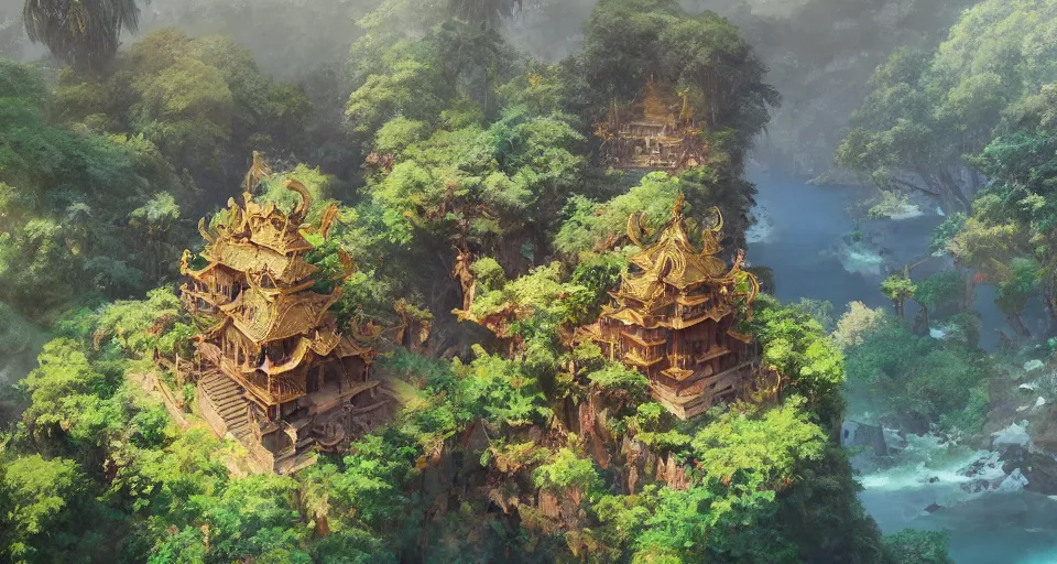 Image similar to Very small fantasy island with a temple in the middle of a tropical forest, view from above. by Greg Rutkowski, by Jesper Ejsing, by Makoto Shinkai, trending artstation, concept art, highly detailed,8k