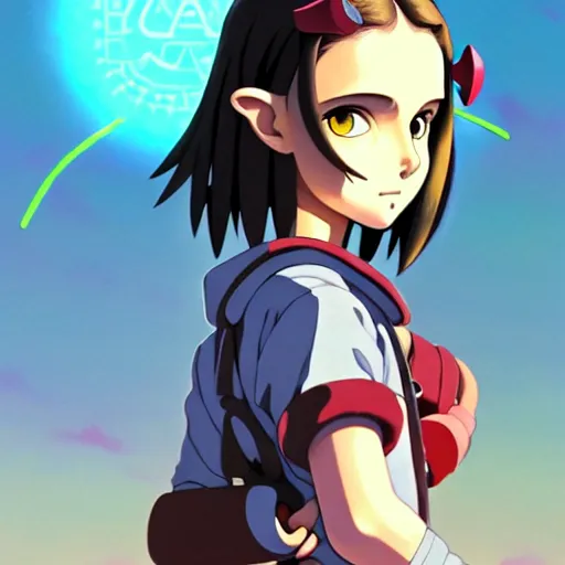 Image similar to beautiful boyish natalie portman gravure model in majora's mask, wearing big mayan bomber jacket with overalls and leotard, big bomber jacket with subtle mayan patterns, aztec bathing suit, gapmoe yandere grimdark, trending on pixiv fanbox, painted by greg rutkowski makoto shinkai takashi takeuchi studio ghibli, akihiko yoshida