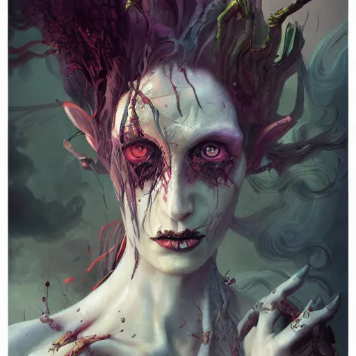 Image similar to painting of a pale witch, illustration, artistic, colorful, hyper detailed, in the style of Greg Rutkowski,