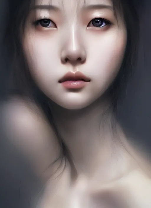 Image similar to of ethereal fantasy, young beautiful Lee Jin-Eun, close up face portrait, medium shot, intricate, elegant, ethereal dreamy light, highly detailed, concept art, smooth, sharp focus, illustration, art by Nicola Samuri