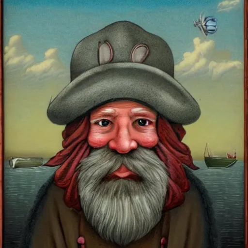 Prompt: old man with a beard full of fish, harbour background, lowbrow surrealistic, in the style of mark ryden,