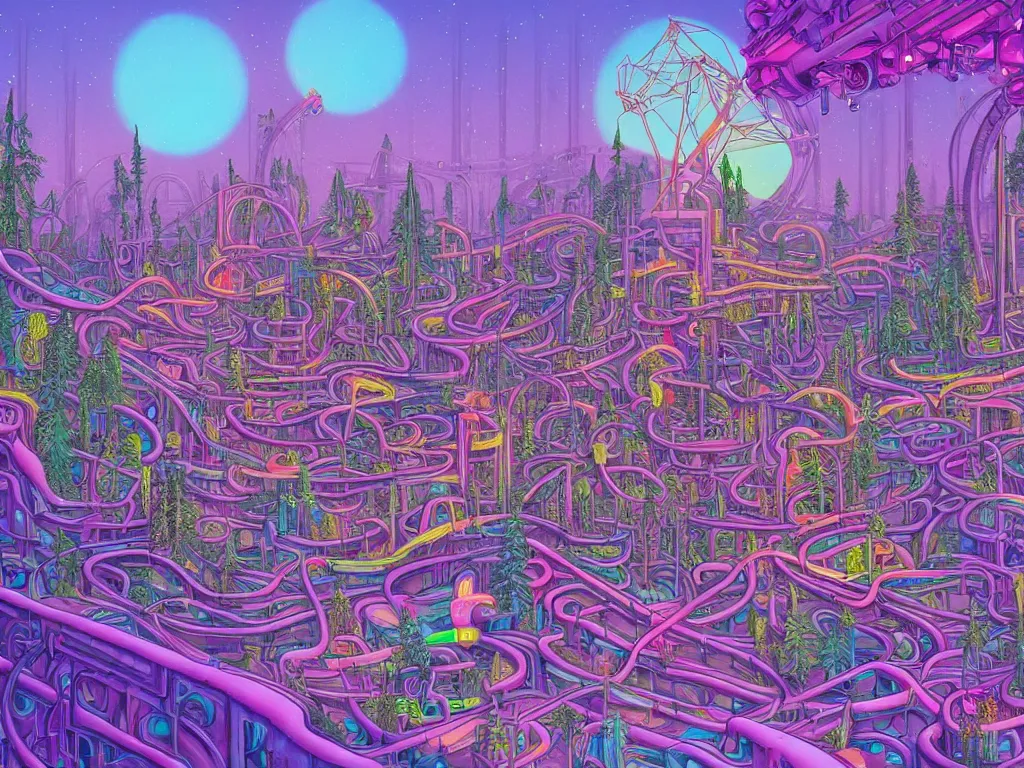 Prompt: forests,glades made of industrial raves, buildings and devices on mice on ice in the style of lisa frank and moebius, giger, ornate, beautiful, award-winning art, artstation