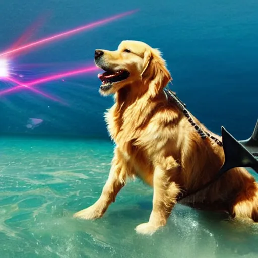 Prompt: golden retriever riding on a shark shooting lasers out of its eyes