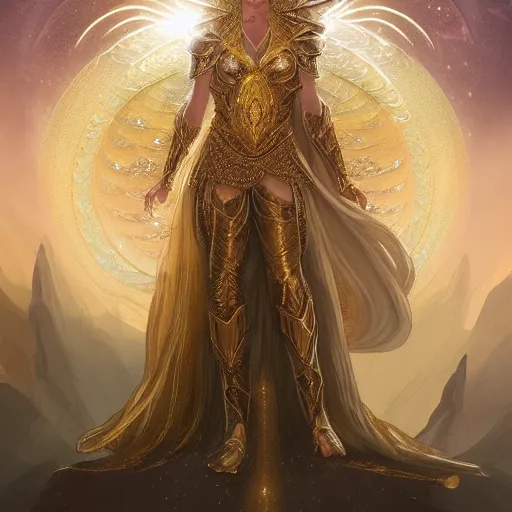 Prompt: a goddess wearing a gold Armor and precious gemstones in her crown, flowing dress, light coming from behind, depth of field, concept art in the style of Daniel Dociu, full body, majestic and epic, towering over the universe