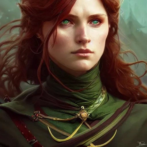 Image similar to Portrait of serious female ranger, D&D, green eyes, face, long red hair, fantasy, intricate, elegant, highly detailed, digital painting, artstation, concept art, smooth, sharp focus, illustration, art by artgerm and greg rutkowski and alphonse mucha