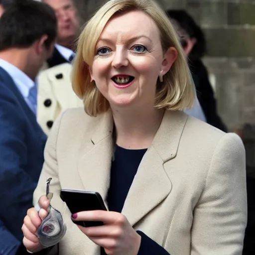 Image similar to liz truss using pork sausage as a phone