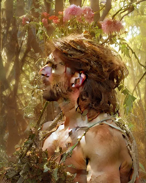 Image similar to god of the forest, 3 0 years old, rugged, male, gorgeous, detailed face, amazing, flowers, muscular, intricate, highly detailed, digital painting, artstation, concept art, sharp focus, illustration, art by gaston bussiere greg rutkowski alphonse mucha