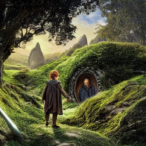 Image similar to frodo baggins in the shire surrounded by hobbit holes In the style of moebius, detailed 4k photograph, HDR, very detailed