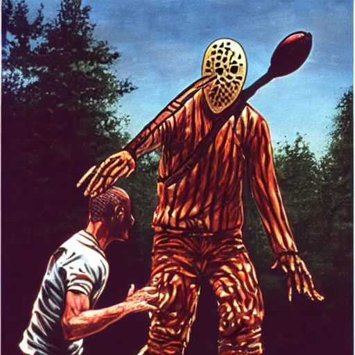 Prompt: Freddy Krueger playing basketball with Jason Voorhees