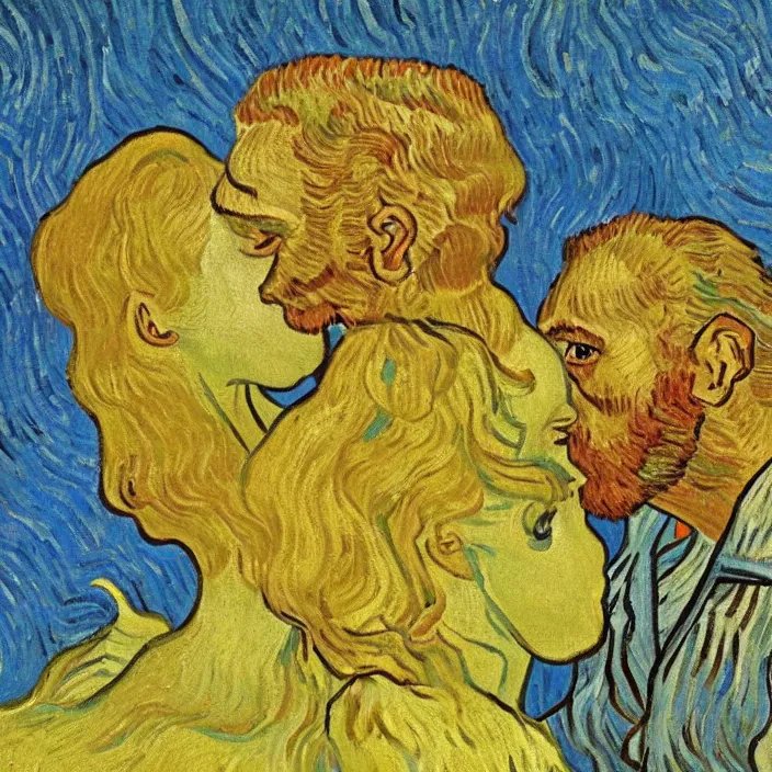 Image similar to one olive - skinned man and one woman kissing, painting by van gogh