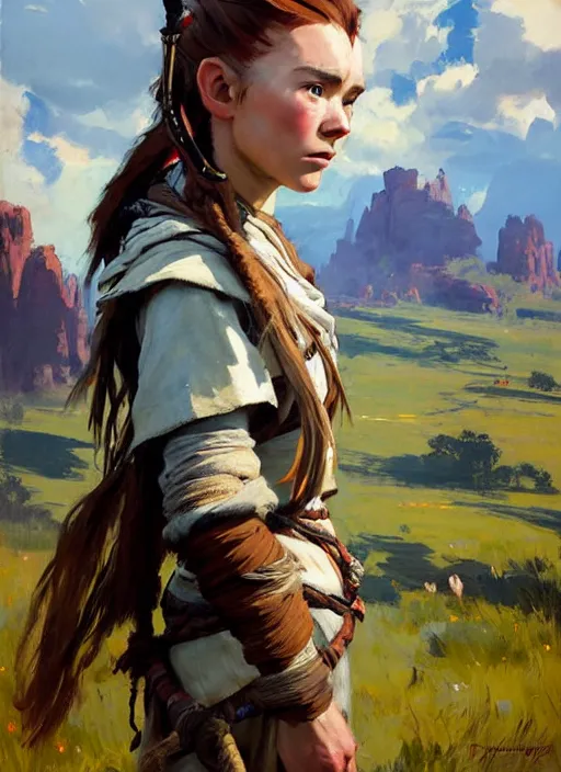 Image similar to Greg Manchess painting of Aloy from Horizon Zero Dawn, countryside, calm, fantasy character portrait, dynamic pose, above view, sunny day, thunder clouds in the sky, artwork by Jeremy Lipkin and Giuseppe Dangelico Pino and Michael Garmash and Rob Rey, very coherent asymmetrical artwork, sharp edges, perfect face, simple form, 100mm