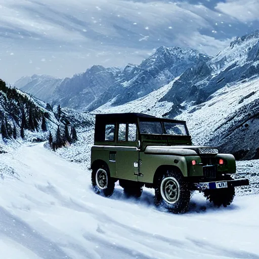 Image similar to a landrover crossing the alps while its snowing, digital art, artstation, photgraphy