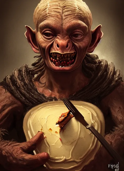 Image similar to profile face portrait of a medieval goblin eating cakes in the cloisters, beautiful face, hyper realistic, highly detailed, digital painting, artstation, illustration, concept art by hyung tae and frank frazetta, digital paint, matte paint, washed colors, dark, gloomy