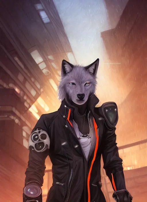 Prompt: award winning beautiful portrait commission of a male furry anthro albino wolf fursona with a tail and a cute beautiful attractive detailed furry face wearing stylish black and orange cyberpunk biker clothes in a cyberpunk city at night while it rains. Character design by charlie bowater, ross tran, artgerm, and makoto shinkai, detailed, inked, western comic book art
