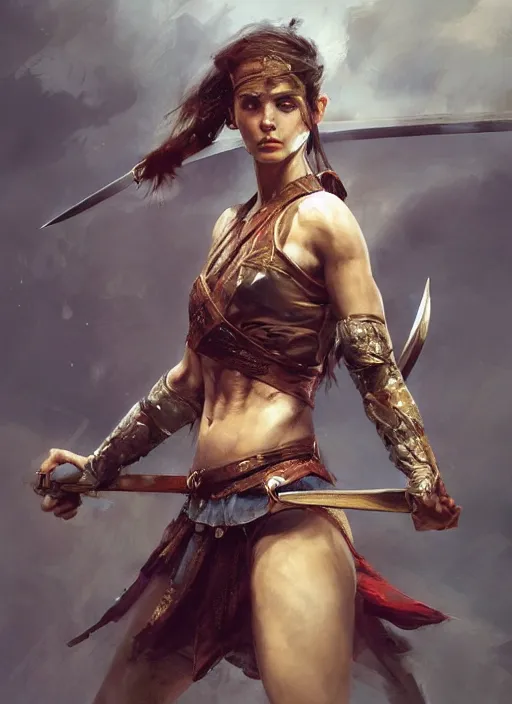 Image similar to hyper realistic photography, warrior girl with sword in her hand, full body, rule of thirds, human proportion, good anatomy, beautiful face, conceptart, saturated colors, cinematic, vallejo, frazetta, greg rutkowski