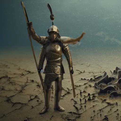 Prompt: a film still of a medieval warrior with bronze armor that has carvings of squids and cuttlefish, they’re standing in mud with puddles, surrounded by dry ice, smoke, highly detailed, wide shot, full body, underwater