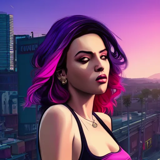 Prompt: a stunning GTA V loading screen with a beautiful woman with ombre hairstyle in purple and pink blowing in the wind, beautiful sky with cumulus couds, city streets, golden ratio, digital art, trending on artstation
