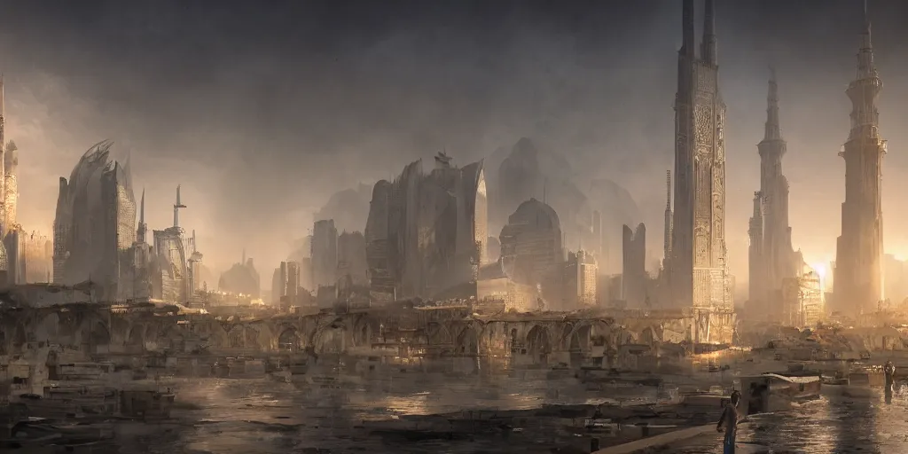 Image similar to Islamic city, beautiful dynamic lighting, cinematic, wide angle establishing shot, extremely high detail, photo realistic, cinematic lighting, post processed, concept art, artstation, matte painting, style by eddie mendoza, raphael lacoste, alex ross, volumetric lighting, light rays, photorealistic, ultrarealistic, moody, coronarender, 8k