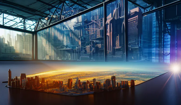 Image similar to group of people in simple warehouse, looking at hologram of futuristic city on a table, cinematic concept art, godrays, golden hour, natural sunlight, 4 k, clear details, tabletop model buildings, center model buildings, hologram center, crane shot, crane shot, crane shot