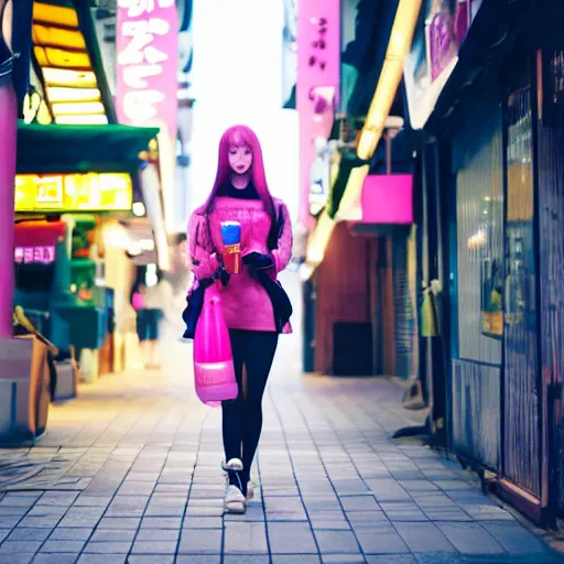 Image similar to korean anime girl with pink hair walking in seoul, drinking boba drink at night