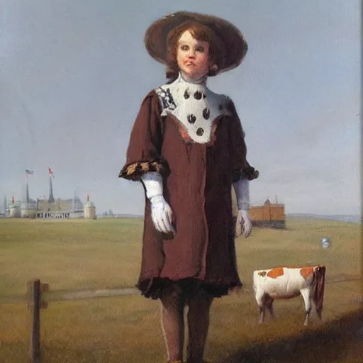 Image similar to painting by zorn, cow, dressed, anthropomorphic!!, wearing!!! clothes!!! jeans!!! standing next to royal castle!!