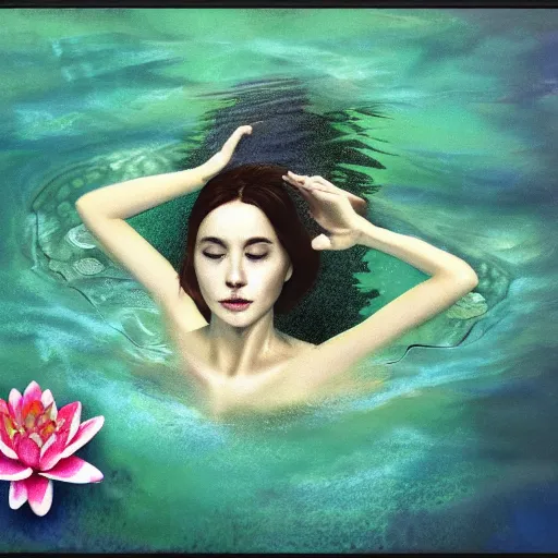 Prompt: A woman submerged underwater, you can see her face from an aerial view with lily pads surrounding her, artistic digital art, very opaque, gloomy style, oil paints and pastel highlights, trending on artstation, artstationHD, artstationHQ, 4k, 8k